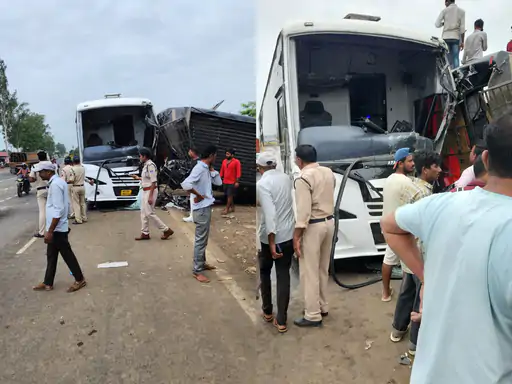 You are currently viewing सीहोर के आष्टा में बड़ा सड़क हादसा: दो बसों की टक्कर में 8 यात्री घायल, चार्टर्ड बस पलटी; घंटों लगा जाम!