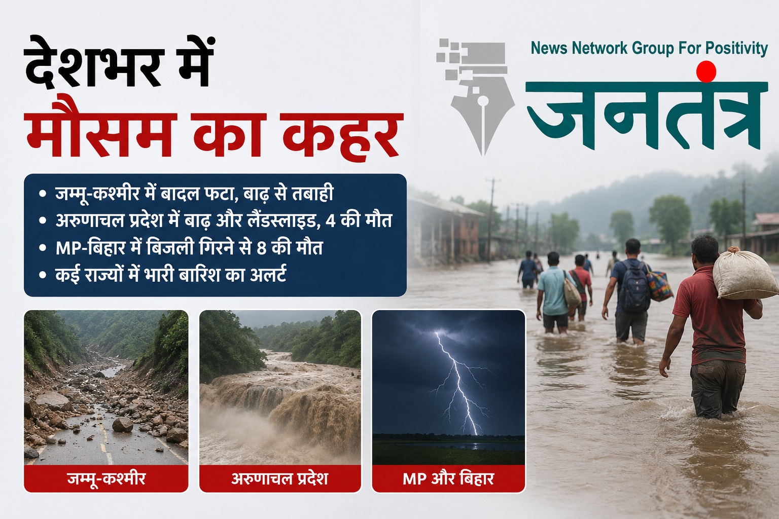 You are currently viewing देशभर में मौसम का कहर: जम्मू-कश्मीर में बादल फटा, अरुणाचल में बाढ़; MP-बिहार में आकाशीय बिजली से 8 मौतें
